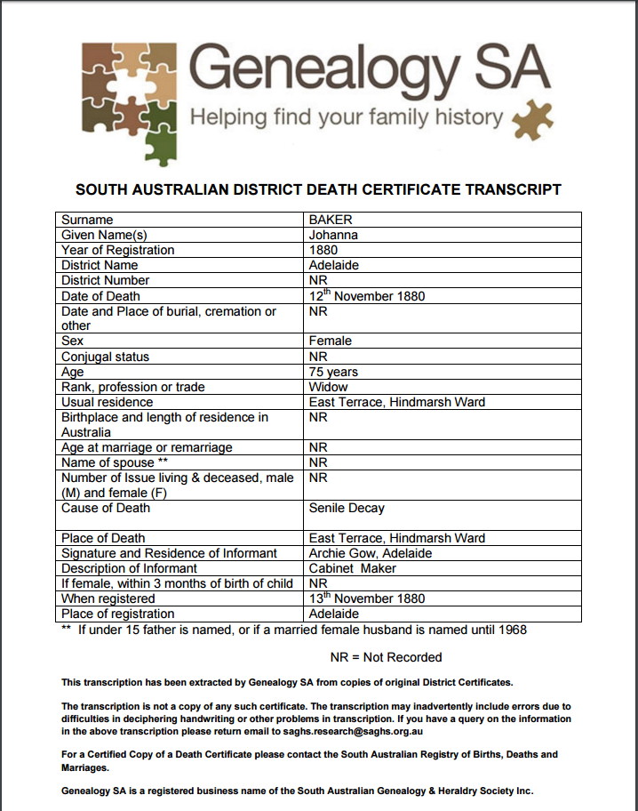 Hannah's death certificate