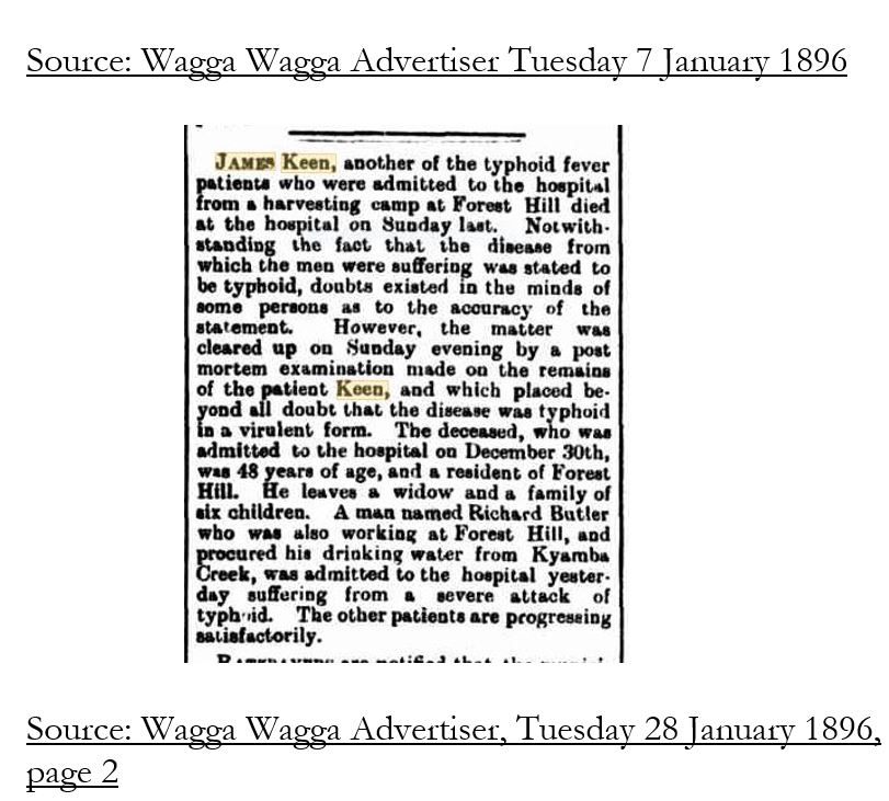 Wagga Advertiser typhoid death report