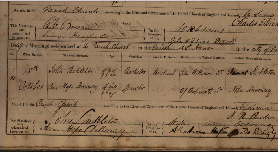 Dublin marriage register: Shekleton-Derenzy, 1849