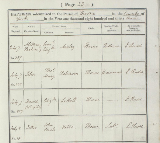 baptism record, Thorne
