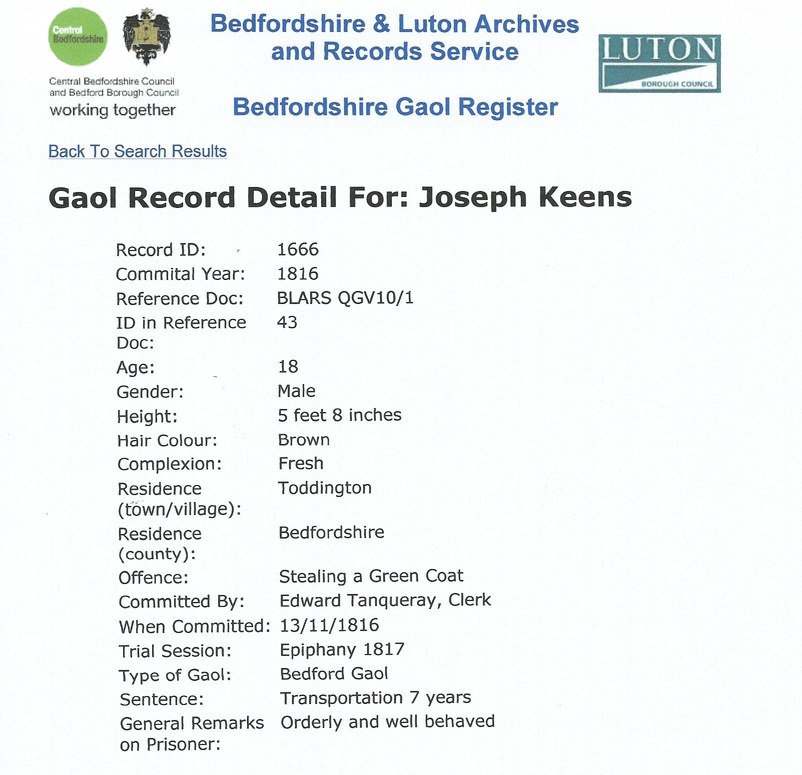 gaol register: committed 1816, aged 18, Toddington, stealing a green coat