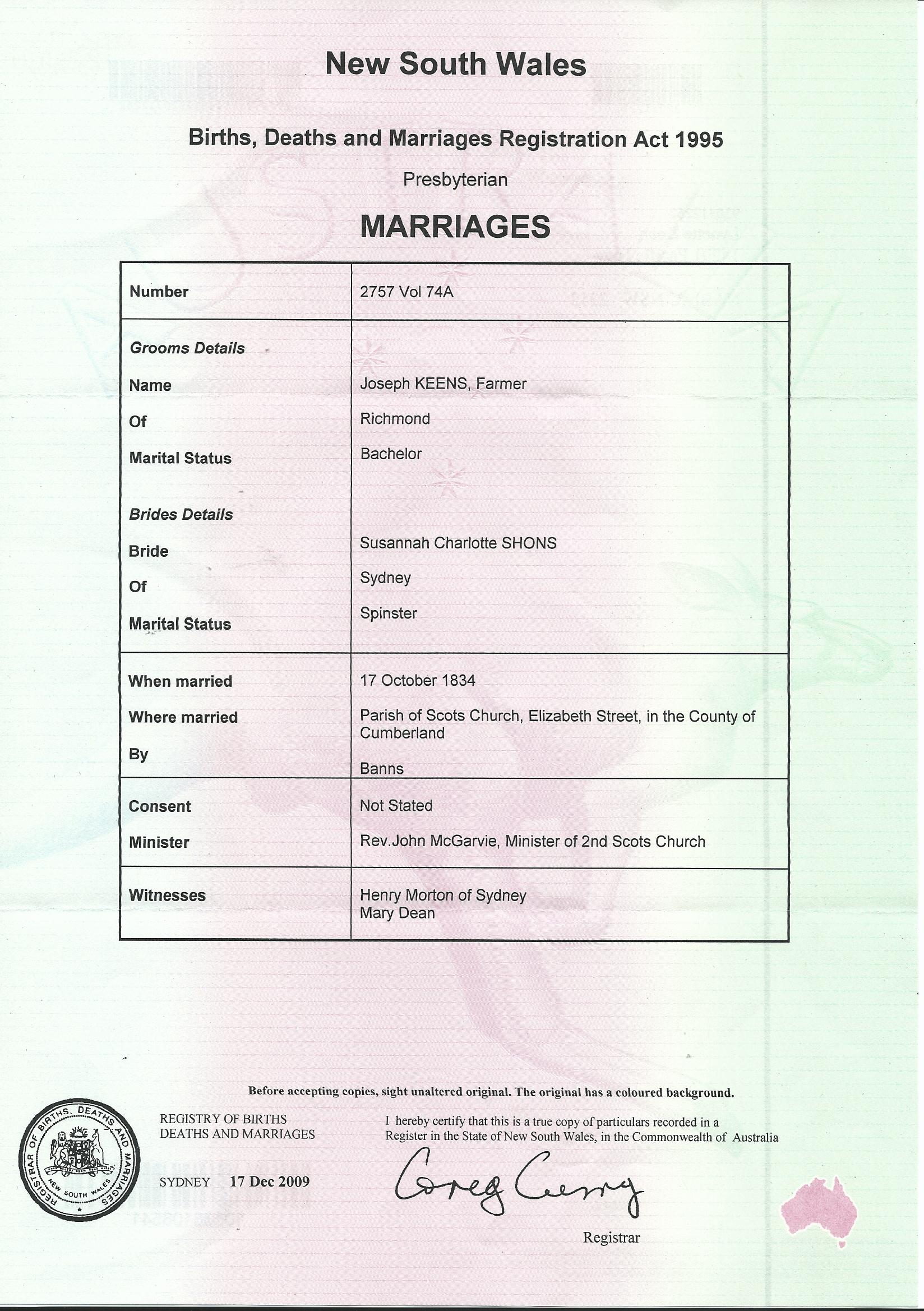 marriage: Joseph Keens and Susannah Charlotte Shons, 17 October 1834, Scots Church, Sydney