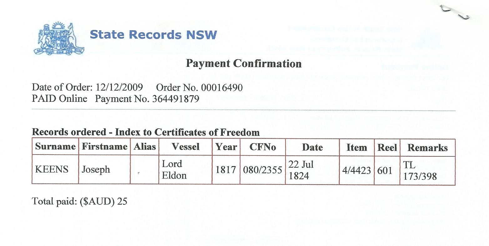 Certificate of Freedom confirmation, Lord Eldon 1817