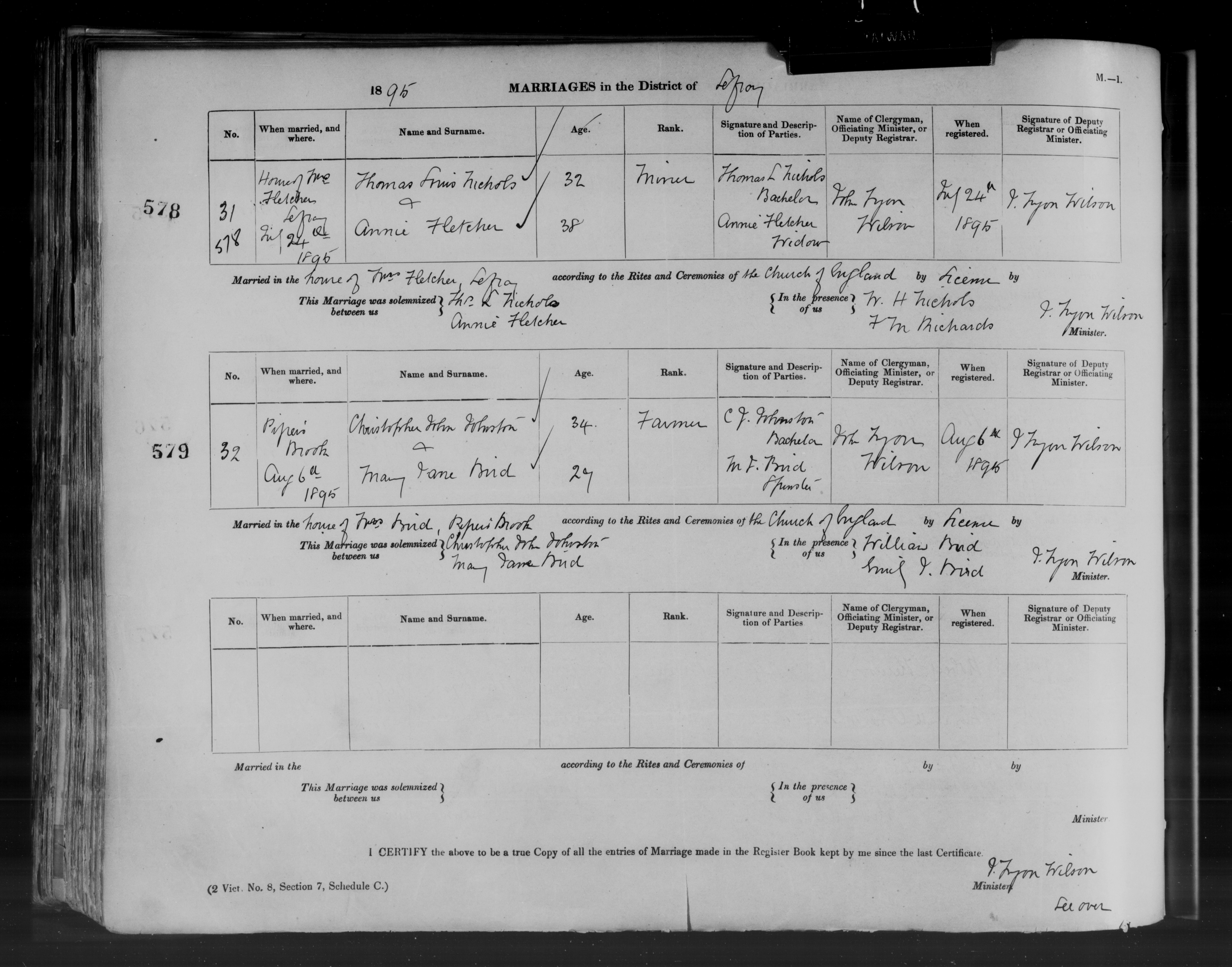 Christopher Johnston and Mary Jane Bird marriage register, 1896