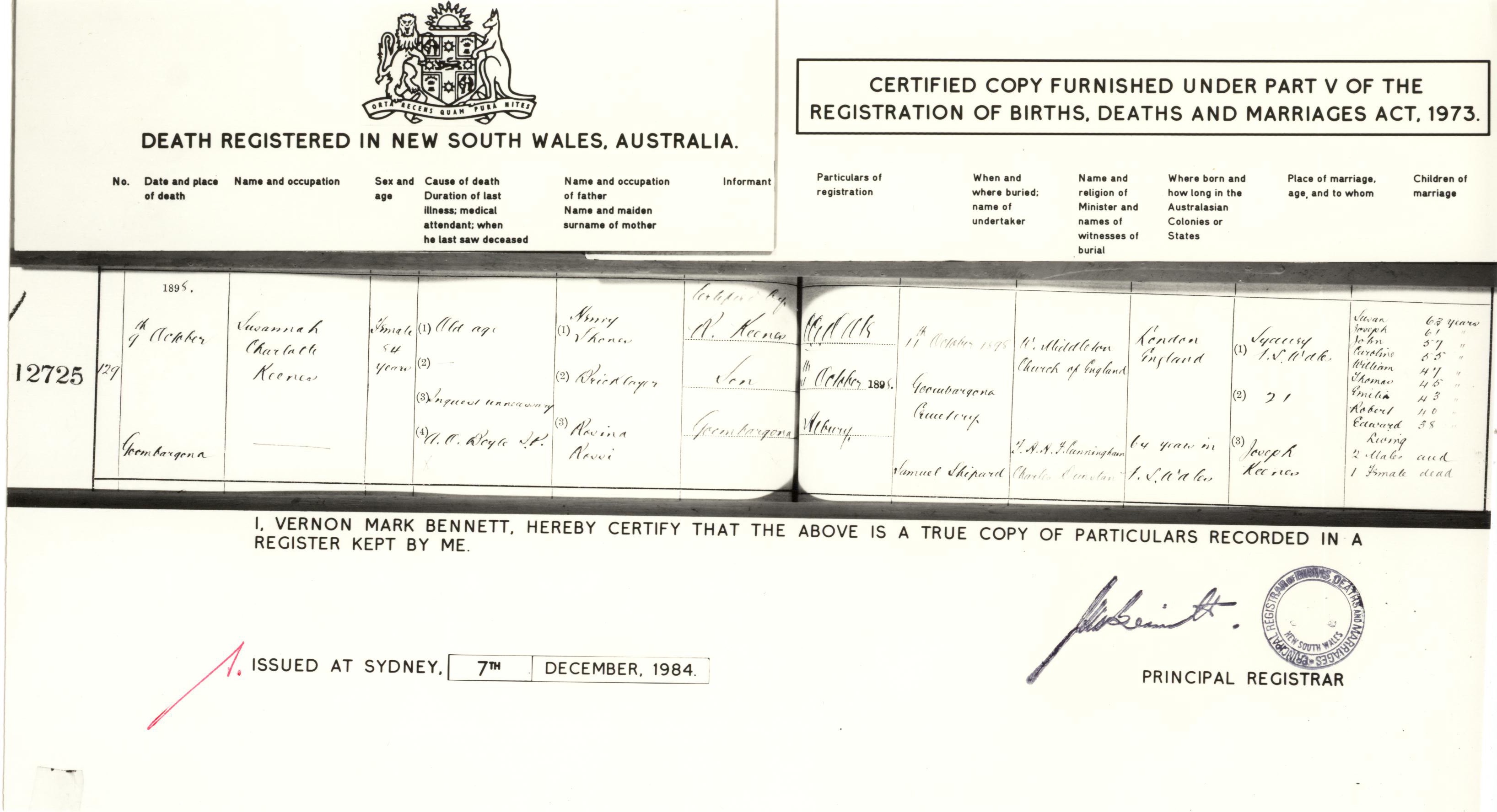death certificate: father Henry Shone, mother Christiana