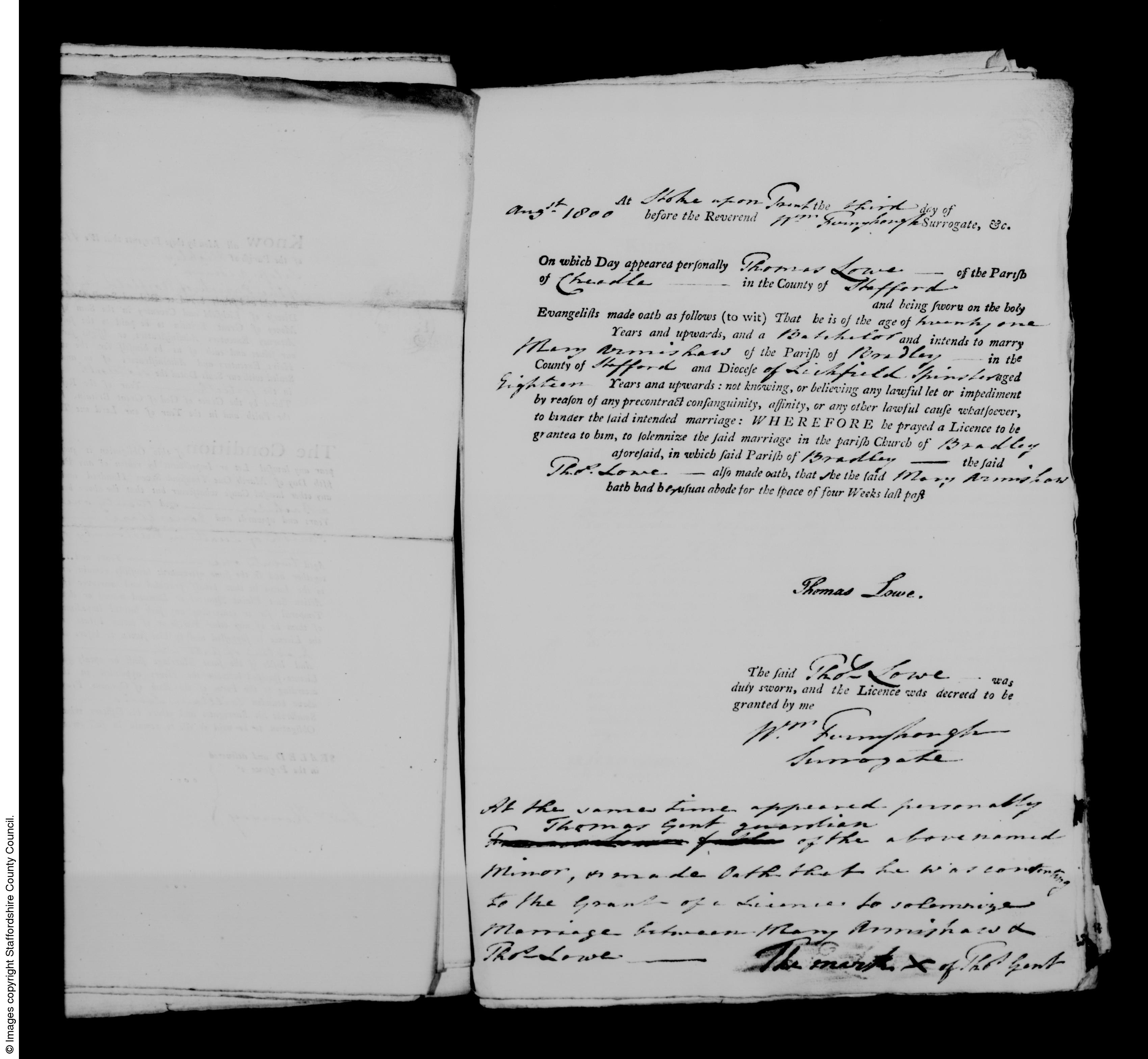 Thomas Lowe marriage licence allegation, 1800