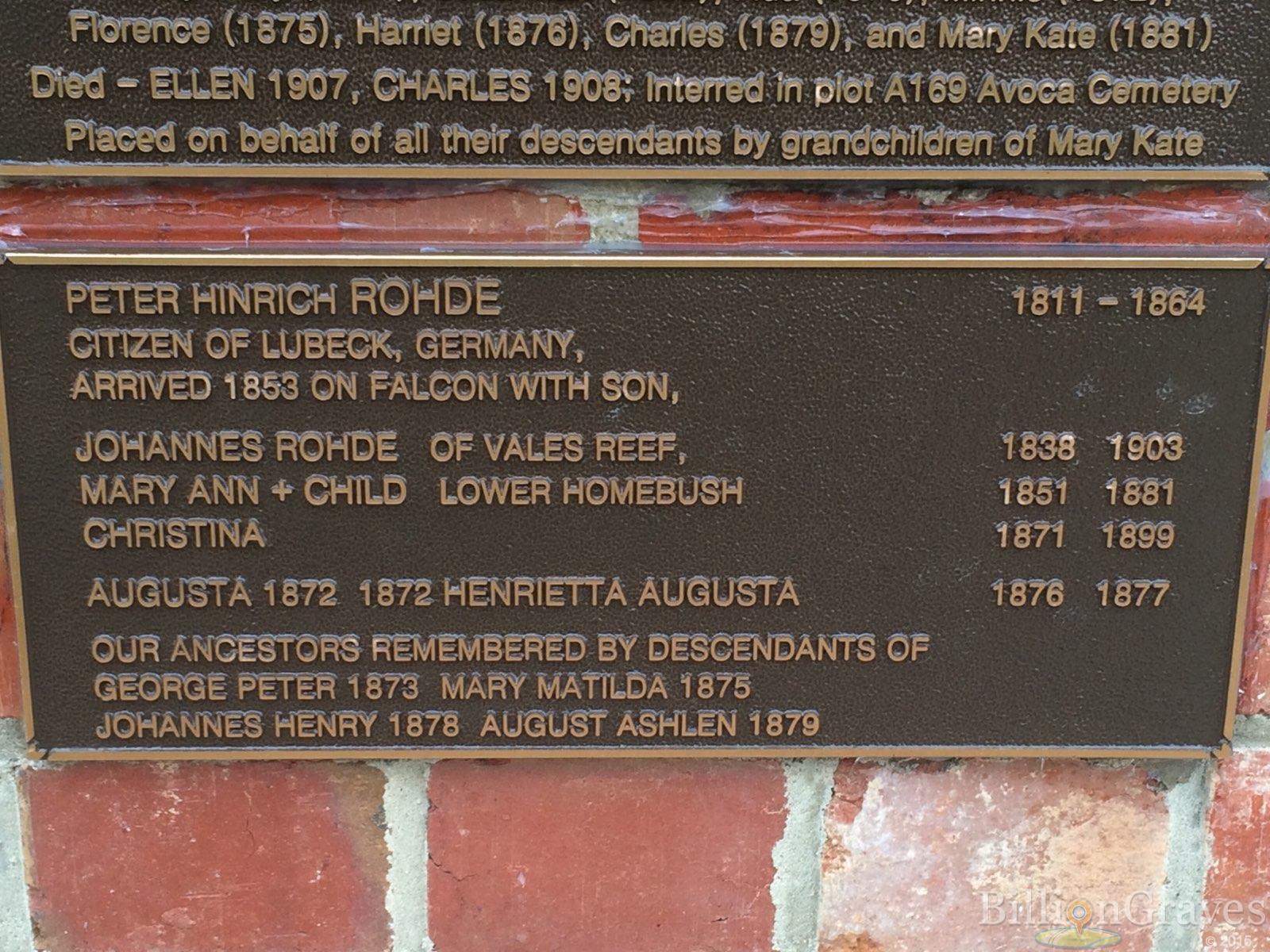 grave plaque at Avoca Cemetery: 